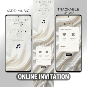 May include: Digital online invitation for a 40th birthday party. The invitation features a cream-coloured background with the text "Birthday Party" and "Julia's 40th Birthday". Includes RSVP options and music integration. The words "Online Invitation" are at the bottom.