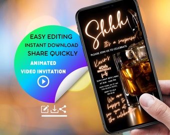 Whiskey-Themed Digital Surprise Party Invitation for Men&#39;s 30th, 40th, 50th, 60th Birthdays | Editable Adult Birthday Video Invite