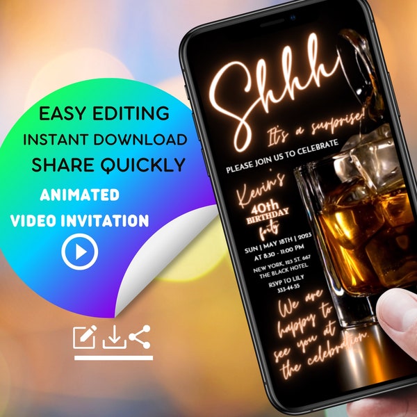 Whiskey-Themed Digital Surprise Party Invitation for Men's 30th, 40th, 50th, 60th Birthdays | Editable Adult Birthday Video Invite