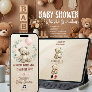 Puede incluir: Una invitación a un sitio web para baby shower se muestra en un teléfono y una tableta. El teléfono muestra un oso de peluche sosteniendo un globo rosa. La tableta muestra una cuenta regresiva e información del registro de regalos.