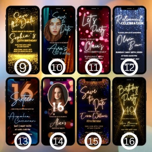 May include: A set of ten digital phone invitation templates with gold glitter backgrounds. The invitations are for various events, including birthdays, retirement celebrations, and parties. The text on the invitations includes the event name, date, time, and location.