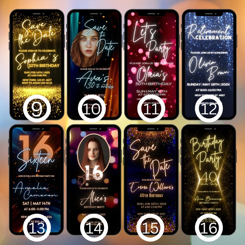 May include: A set of ten digital phone invitation templates with gold glitter backgrounds. The invitations are for various events, including birthdays, retirement celebrations, and parties. The text on the invitations includes the event name, date, time, and location.