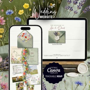 May include: A smartphone and tablet display a wedding website design. The phone shows invitation details with floral accents and the text "Ava & David." The tablet displays a wedding invitation with a wax seal. The image includes the text "Wedding Website," "Editable Canva Template," and "Trackable RSVP."