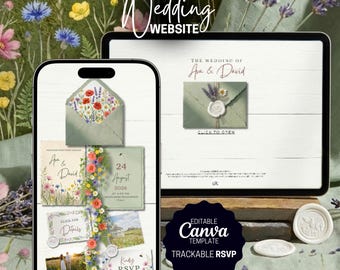 Invito al sito web per matrimoni con fiori selvatici, RSVP e mappe digitali per dispositivi mobili, modello Canva modificabile