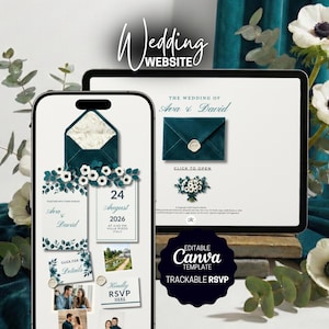 May include: A smartphone and tablet display a wedding website design. The design features a teal envelope, floral accents, and the text "Wedding Website." The date "August 24, 2026" is displayed. The design includes the text "Ava & David" and "Kindly RSVP Here."