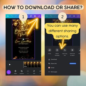 May include: A screenshot of a mobile app showing how to download or share a digital invitation. The invitation is for a 40th birthday party with gold glitter accents and the text "Birthday Party Eva Smith's 40th Birthday". The app has options to download, share a link, invite, use a brand template, view only link, share a link to watch, and share on TikTok.