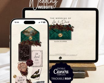 Emerald Green Wedding Website Template with RSVP, Dark Academia Digital Invitation, Mobile Evite