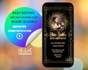 Gatsby Birthday Video Invitation: Elegant Gold Art Deco (Digital)