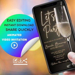 Peut inclure: Un &eacute;cran de smartphone noir affichant une invitation &agrave; une f&ecirc;te d'anniversaire pour un 40e anniversaire avec un graphique de verre de champagne dor&eacute; et le texte "Let's Party". L'invitation comprend la date, l'heure, le lieu et les informations RSVP. Le texte "Follow the reception" est en bas de l'&eacute;cran.