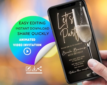 Uitnodigingen voor een verjaardagsfeestje van Champagne | Digitale Evites voor telefoon en WhatsApp | Uitnodigen voor elke leeftijd (30e, 40e, 50e, 60e)