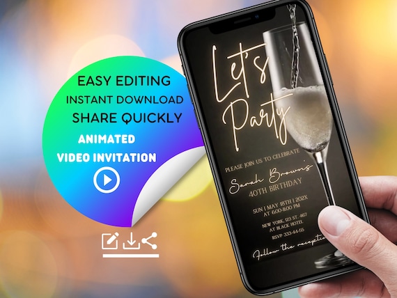 Champagne Birthday Video Invitation: Digital Evite for Phone (Any Age)