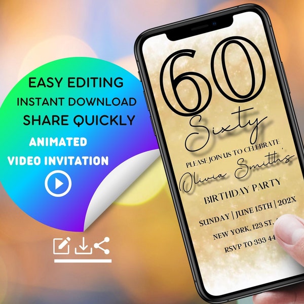 Digitale Einladung zum 60. Geburtstag | Minimalist Champagne Sparkle WhatsApp Invite - Bearbeitbare Vorlage mit Schattenschriftart