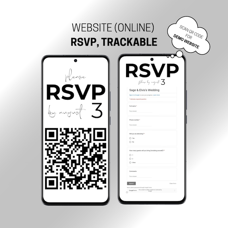 Może przedstawiać: Dwa smartfony wyświetlające informacje RSVP. Jeden pokazuje "RSVP by August 3" z kodem QR. Drugi wyświetla formularz RSVP na ślub Sage & Elvis. Tekst zawiera "WEBSITE (ONLINE) RSVP, TRACKABLE" i "SCAN OR CODE FOR DEMO WEBSITE."
