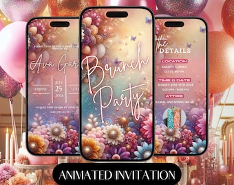 Floral Brunch Birthday Video Invitation: Elegant Tea Party Evite (Digital)