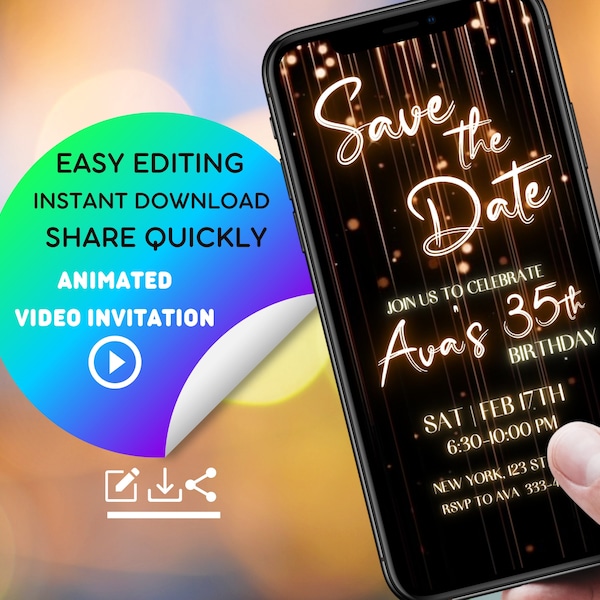 Glitter Adult Birthday Save the Date Video Invitation | Editable and Customizable for 30th, 40th, and 50th Birthdays