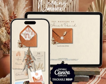 May include: A digital wedding website template displayed on a tablet and smartphone. The design features a warm color palette with an invitation, RSVP details, and the text "Wedding Website". The template is editable in Canva.