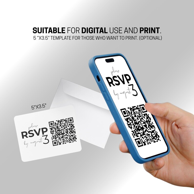 Może przedstawiać: Biała karta RSVP i smartfon wyświetlający kod QR. Karta i ekran telefonu zawierają tekst "RSVP" i kod QR. Telefon jest w niebieskim etui. Karta ma wymiary 12,7 cm x 8,9 cm.