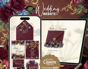 Floral Burgundy Wedding Website With Rsvp, Canva Template