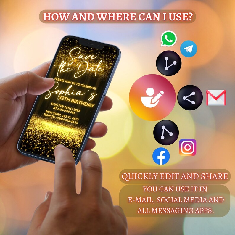 Glitter Gold & Black Birthday Invitation Whatsapp Invitation Etsy