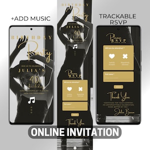 May include: A digital invitation for a birthday party, featuring a woman in a black dress and hat. The invitation includes the text "Birthday Party," "Julia's 40th Birthday," and RSVP options. The design is in black and gold.