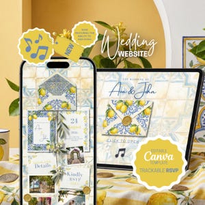 May include: A digital wedding website design displayed on a phone and tablet. The design features a lemon and blue tile pattern, with the text "Wedding Website" and "Ava & John." Includes a "New" tag and a Canva template label.