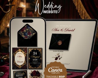 Moody Dark Floral Wedding Website Template for Canva with RSVP