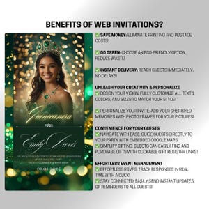 A marketing graphic listing the benefits of web invitations. On the left is the emerald green Quinceañera invitation. On the right is a checklist highlighting benefits including saving money, being eco-friendly, instant delivery, personalization, guest convenience, and effortless RSVP management.