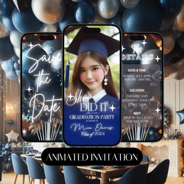 Glitter Navy Blue Grad 2024 Evite - College Graduate Digital Invitation Template - Photo & Video Grad Party Save the Date