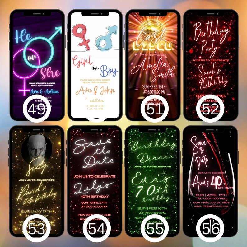 May include: Ten digital phone screen mockups with different birthday party invitations. The invitations feature colorful backgrounds with glitter, neon lights, and text. The text includes the names of the birthday celebrant, the date and time of the event, and the age of the birthday person.