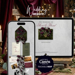 Puede incluir: Plantilla de sitio web de boda digital que se muestra en un teléfono inteligente y una tableta. El diseño presenta un sobre verde oliva con rosas burdeos, tarjetas RSVP y fotos. El texto incluye "Wedding Website", "The Wedding of Ava & David" y "Editable Canva Template".