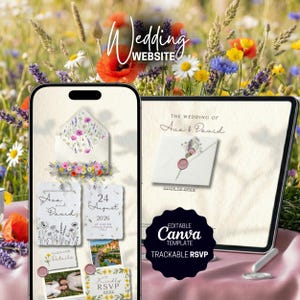 Könnte beinhalten: Ein Smartphone und ein Tablet zeigen ein Hochzeitswebsite-Design. Das Design umfasst florale Elemente, den Text "Wedding Website" und die Namen "Ava & David". Zusätzliche Karten zeigen Datum, Ort und RSVP-Informationen. Das Design ist eine editierbare Canva-Vorlage.
