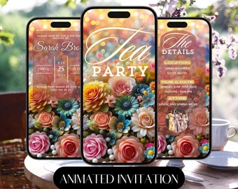 Boho Floral Tea Party Invitation - Ladies Brunch Evite - Animated Phone Template - Birthday Celebration Invite