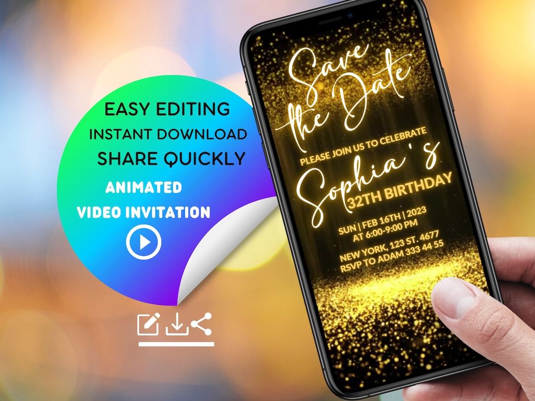 Glitter Gold & Black Birthday Invitation Whatsapp Invitation for 30th