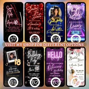 May include: A collection of ten digital phone templates for birthday party invitations. The templates feature various themes, including disco ball, neon lights, floral, and glitter. The text on the templates includes "Save the Date", "Ava's 40th Birthday", "Amelia's 30th Birthday", "Grad Party", "Kevin's Birthday", "Olivia's Birthday", and "Bridal Shower".