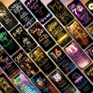 May include: A collection of 20 digital phone screen mockups with various birthday party invitations. The invitations feature a variety of colors, including gold, pink, purple, and black. The text on the invitations includes the names of the birthday celebrant, the age they are turning, and the date and time of the party.