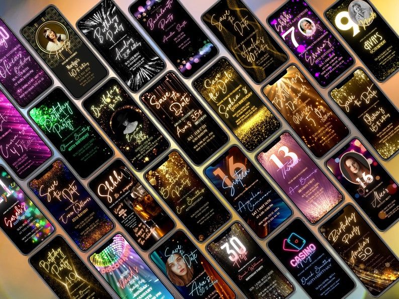 May include: A collection of 20 digital phone screen mockups with various birthday party invitations. The invitations feature a variety of colors, including gold, pink, purple, and black. The text on the invitations includes the names of the birthday celebrant, the age they are turning, and the date and time of the party.