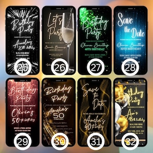May include: A set of 10 digital birthday party invitations for a phone screen. The invitations are in various colors and styles, with gold glitter, neon lights, and confetti. Each invitation has a different name and age, and includes the date and time of the party.