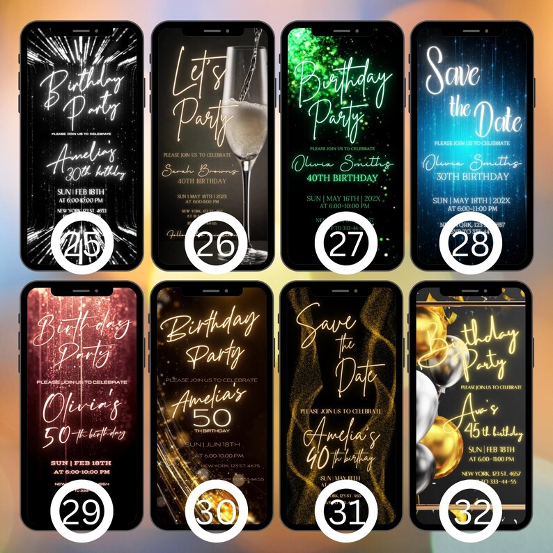 May include: A set of 10 digital birthday party invitations for a phone screen. The invitations are in various colors and styles, with gold glitter, neon lights, and confetti. Each invitation has a different name and age, and includes the date and time of the party.