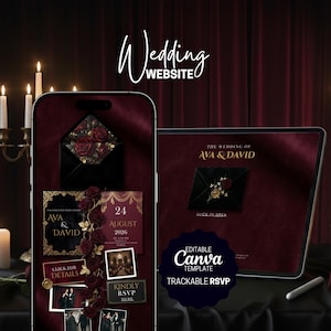 May include: A digital wedding invitation design displayed on a smartphone and tablet. The design features a dark red and gold color scheme, with the text "Wedding WEBSITE" at the top. The invitation includes the names "AVA & DAVID", date, and RSVP information.