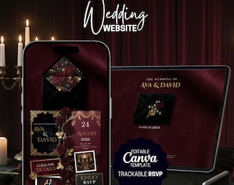 May include: A digital wedding invitation design displayed on a smartphone and tablet. The design features a dark red and gold colour scheme, with the text "Wedding WEBSITE" at the top. The invitation includes the names "AVA & DAVID", date, and RSVP information.