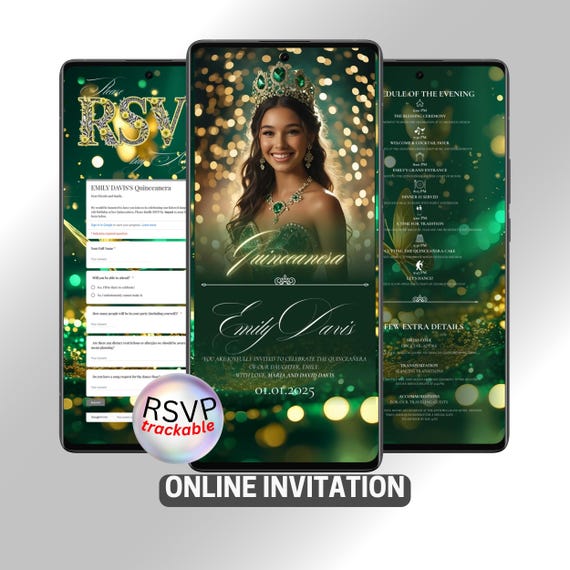 Emerald Green Quinceañera Website Invitation: Gold Butterfly Evite (Digital Download)