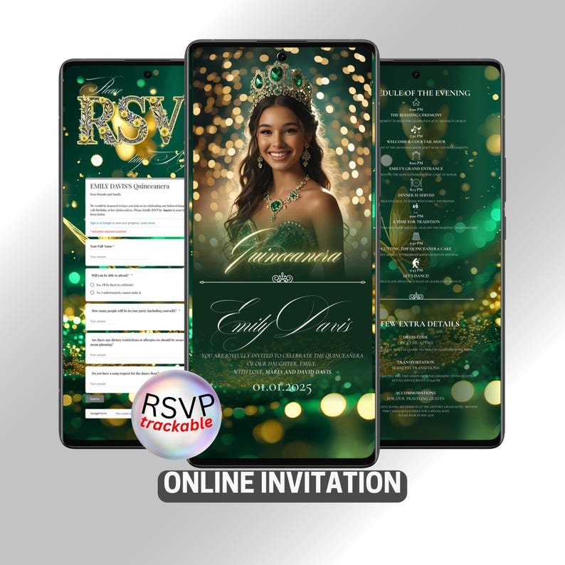 An elegant online Quinceañera invitation for "Emily Davis" displayed on three phone screens. The design is dark green and gold with bokeh lights. The main screen features a photo of the girl in a green gown and tiara. The left screen shows a trackable RSVP form, and the right screen details the event schedule. The text "ONLINE INVITATION" is shown below the phones.