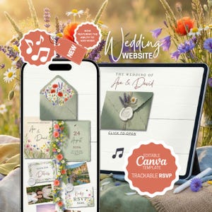 Puede incluir: Una plantilla de sitio web de bodas se muestra en un teléfono inteligente y una tableta. El diseño presenta elementos florales y el texto "Wedding Website". Incluye funciones RSVP y musicales, plantilla Canva.