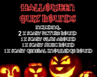 Op de afbeelding: Een zwarte achtergrond met rode tekst die "5 Fantastic Halloween Quiz Rounds" en "Including: 2 x Scary Picture Round, 1x Scary Films Around, 1x Scary Music Round, 1x Scary General Knowledge Round" luidt. Drie uitgeholde pompoenen bevinden zich onderaan de afbeelding.