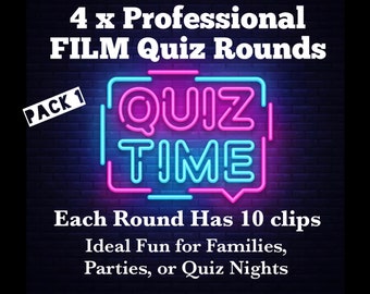 Può includere: Un cartello al neon rosa e blu che dice "QUIZ TIME" con il testo "PACK 1" in un riquadro bianco nell'angolo in alto a sinistra. Il testo sotto il cartello dice "4 x Professional FILM Quiz Rounds" e "Each Round Has 10 clips Ideal Fun for Families, Parties, or Quiz Nights".