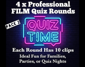 Può includere: Un cartello al neon con le parole "QUIZ TIME" in lettere rosa e blu. Il cartello è circondato da un bordo rosa e blu. Il testo "PACK 2" è in un riquadro bianco con un bordo nero. Il testo "4 x Professional FILM Quiz Rounds" è in lettere bianche. Il testo "Each Round Has 10 clips Ideal Fun for Families, Parties, or Quiz Nights" è in lettere bianche.