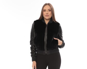 Leren jas voor dames gemaakt van Mınk-bont en Python-leer, echt Mınk-bont en Python-leer