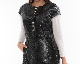 Lange vest met riem gemaakt van Python-leer voor vrouwen, echt Python-leren vest