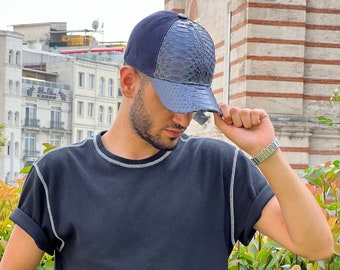 Blauwe Suede Baseball Cap, Suede Cap, Snakeskin Hoed, Snake Skin Suede Hat, Gepersonaliseerde Gift