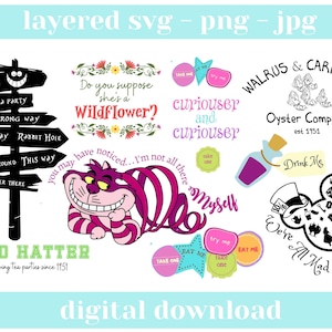 Alice in Wonderland inspired SVG bundle, Cheshire Cat, Mad Hatter, unique svg file for Cricut, Silhouette. Digital Instant downloads. SVG